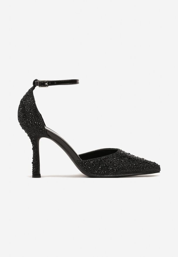 Born2be - Czarne Eleganckie Brokatowe Szpilki z Cyrkoniami Zapinane przy Kostce Jornena. Nosek buta: szpiczasty. Zapięcie: pasek. Kolor: czarny. Materiał: jeans. Obcas: na szpilce. Styl: elegancki