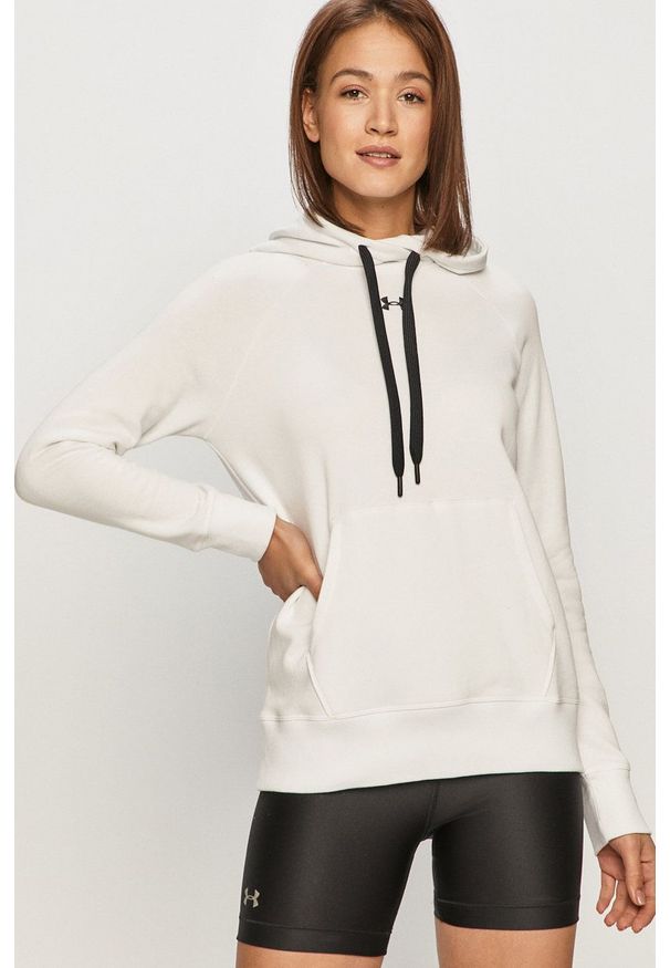 Under Armour bluza damska kolor biały z kapturem gładka. Typ kołnierza: kaptur. Kolor: biały. Materiał: dzianina. Długość rękawa: długi rękaw. Długość: długie. Wzór: gładki