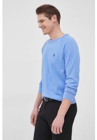 Polo Ralph Lauren bluza bawełniana męska gładka. Typ kołnierza: polo. Kolor: niebieski. Materiał: bawełna. Długość rękawa: raglanowy rękaw. Wzór: gładki