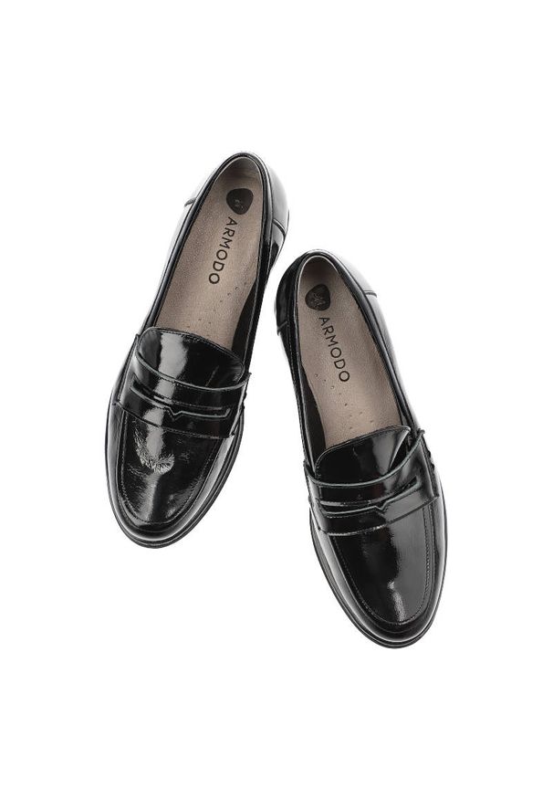 Czarne Półbuty Armodo Wygodne Skórzane Buty Damskie. Okazja: na co dzień. Zapięcie: bez zapięcia. Kolor: czarny. Materiał: skóra. Szerokość cholewki: normalna. Obcas: na obcasie. Styl: casual. Wysokość obcasa: średni