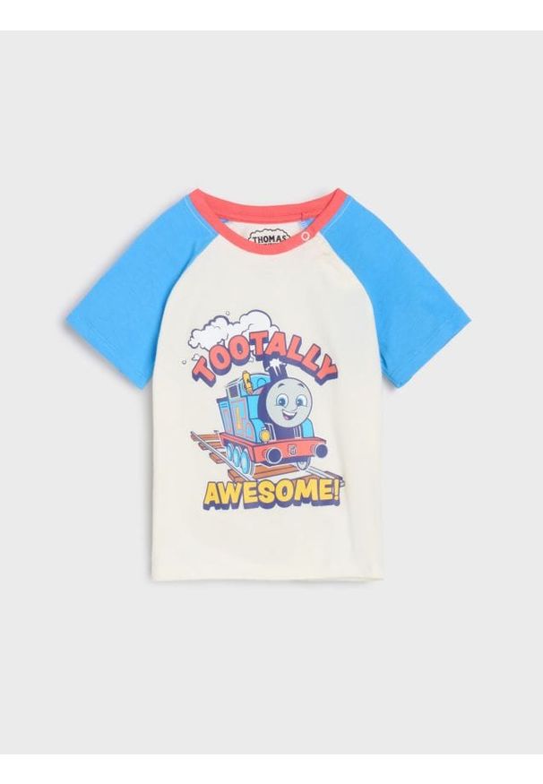 Sinsay - Bawełniana koszulka z nadrukiem Thomas&Friends - kremowy. Kolor: kremowy. Materiał: bawełna. Wzór: nadruk