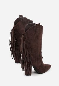 Born2be - Brązowe Botki w Stylu Kowbojek na Obcasie z Frędzlami Reinasea. Okazja: na co dzień. Kolor: brązowy. Materiał: jeans. Obcas: na obcasie. Styl: klasyczny, casual, elegancki. Wysokość obcasa: średni