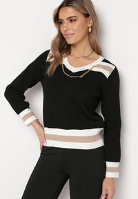 Born2be - Czarny Sweter ze Ściągaczami i Ozdobnym Metalowym Łańcuszkiem przy Dekolcie Larti. Kolor: czarny. Materiał: jeans. Styl: elegancki #5