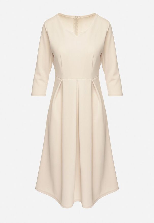 Born2be - Beżowa Rozkloszowana Sukienka z Rękawem 3/4 Nomiel. Okazja: na spotkanie biznesowe. Typ kołnierza: dekolt w kształcie V. Kolor: beżowy. Typ sukienki: rozkloszowane. Styl: biznesowy, elegancki, klasyczny