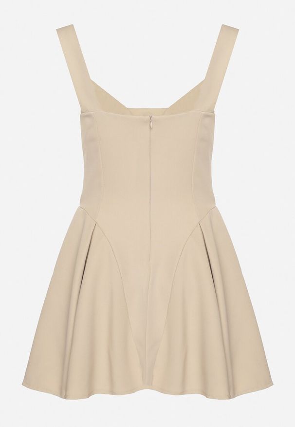 Born2be - Beżowa Rozkloszowana Sukienka z Gorsetową Górą i Dekoltem w Serce Frolami. Okazja: na co dzień. Typ kołnierza: dekolt gorset. Kolor: beżowy. Typ sukienki: gorsetowe. Styl: casual