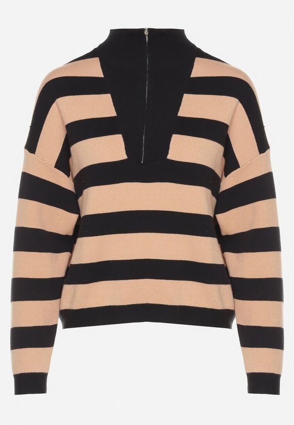 Born2be - Beżowo-Czarny Golf w Paski Ozdobiony Suwakiem Zinorae. Okazja: na co dzień. Typ kołnierza: golf. Kolor: czarny. Materiał: jeans. Wzór: aplikacja, paski. Styl: casual, elegancki