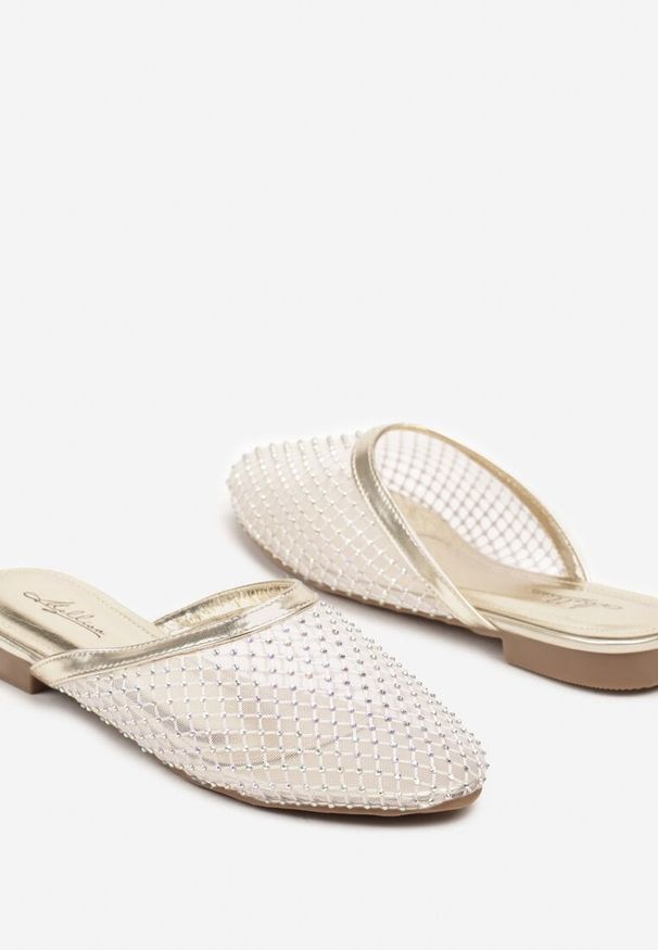 Born2be - Złote Klapki z Transparentnej Siatki z Cyrkoniami Lanissa. Okazja: na co dzień, na imprezę. Kolor: złoty. Materiał: jeans. Wzór: aplikacja. Styl: elegancki, casual