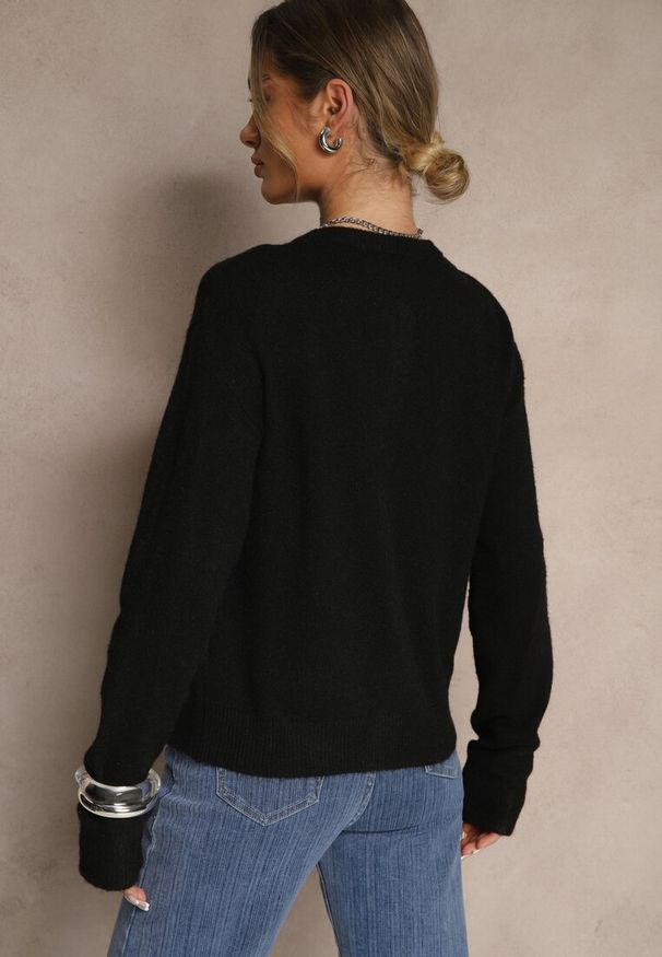 Renee - Czarny Klasyczny Kardigan z Zaokrąglonym Dekoltem Reonira. Okazja: na co dzień. Kolor: czarny. Materiał: jeans. Styl: klasyczny