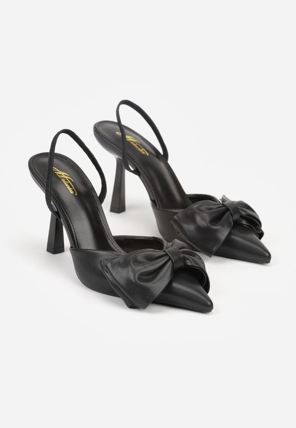 Born2be - Czarne Sandały na Szpilce Typu Slingback z Kokardą Liorafera. Okazja: na co dzień. Kolor: czarny. Materiał: jeans. Wzór: aplikacja. Obcas: na szpilce. Styl: casual