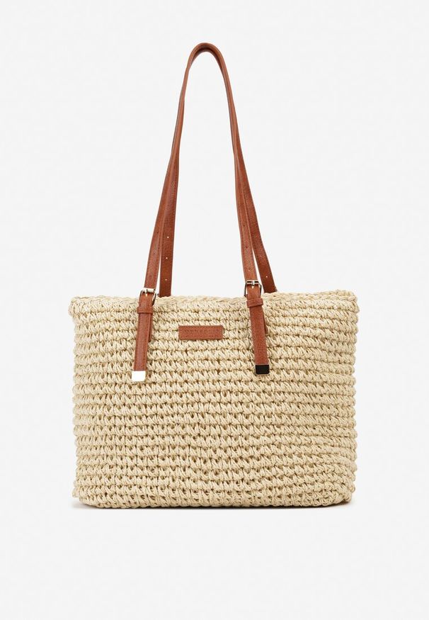 Renee - Jasnobeżowa Duża Pleciona Torebka Wykończona Rączkami z Imitacji Skóry Carpinea. Kolor: beżowy. Sezon: lato. Materiał: skórzane. Styl: boho, elegancki, casual