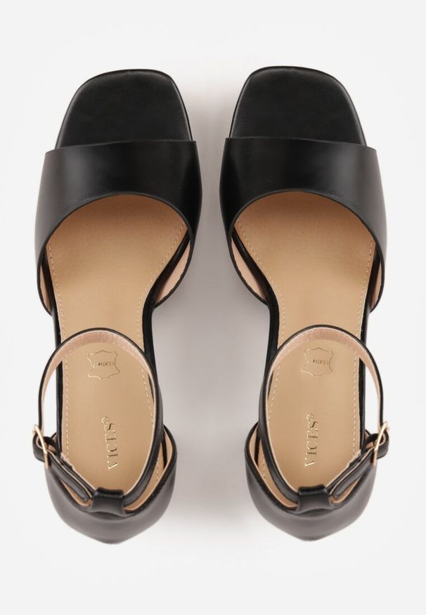 Renee - Czarne Sandały VICES na Słupku i Grubej Podeszwie z Wkładką ze Skóry Naturalnej Adeia. Okazja: na urodziny, na wesele, na ślub cywilny, na imprezę. Zapięcie: pasek. Kolor: czarny. Materiał: skóra. Sezon: lato. Obcas: na słupku. Styl: elegancki