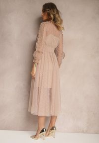 Renee - Beżowa Rozkloszowana Sukienka Midi z Tiulu z Koronką Rislaine. Kolor: beżowy. Materiał: koronka, tiul. Długość rękawa: na ramiączkach. Wzór: koronka. Sezon: lato, wiosna. Długość: midi #3