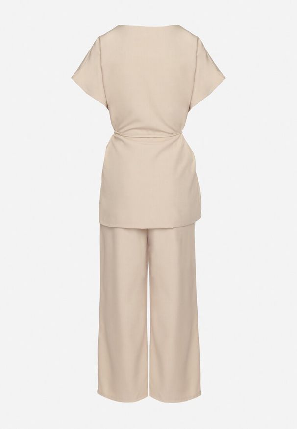 Born2be - Beżowy Garniturowy Komplet Marynarka z Paskiem i Szerokie Spodnie Milsedi. Kolor: beżowy