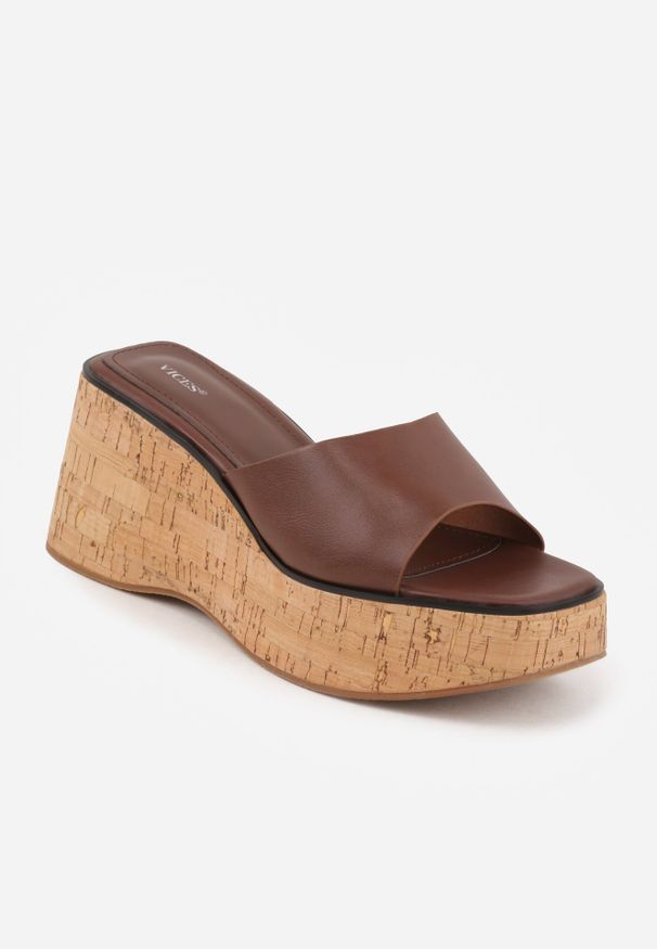 Renee - Brązowe Klapki z Kwadratowym Noskiem VICES na Koturnie z Fakturą Korka Kahliliana. Kolor: brązowy. Wzór: haft. Sezon: lato. Obcas: na koturnie. Styl: boho, wakacyjny, elegancki