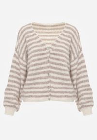 Renee - Beżowy Nietoperzowy Kardigan z Domieszką Wełny w Paski Fesaira. Okazja: na co dzień. Typ kołnierza: dekolt w serek. Kolor: beżowy. Materiał: wełna. Wzór: paski. Styl: casual #4