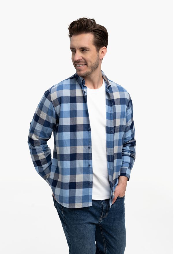 Volcano - Koszula z wzorem w kratę, Regular Fit, K-VOLANS. Okazja: na co dzień. Typ kołnierza: button down. Kolor: niebieski. Materiał: jeans, materiał, bawełna. Długość rękawa: długi rękaw. Długość: długie. Wzór: kratka. Styl: casual