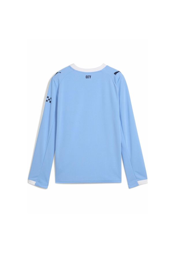 Puma - Młodzieżowa koszulka domowa z długim rękawem Manchester City 25/26 PUMA. Kolor: biały, wielokolorowy, niebieski. Długość rękawa: długi rękaw. Długość: długie. Wzór: aplikacja, paski