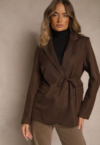 Renee - Brązowa Marynarka z Ozdobnym Wiązaniem z Boku w Talii Nenarie. Okazja: na co dzień. Kolor: brązowy. Materiał: jeans, poliester. Wzór: aplikacja. Styl: casual, elegancki #4