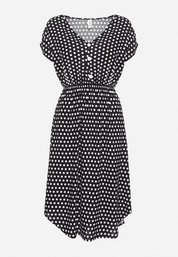 Born2be - Czarna Bawełniana Sukienka z Gumką w Pasie i Falbanką Romilla. Kolor: czarny. Materiał: bawełna. Sezon: lato. Styl: wizytowy