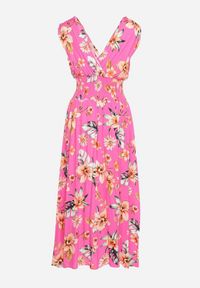 Born2be - Różowa Sukienka w Kwiaty z Gumką w Pasie i Kopertowym Dekoltem Ściągana na Ramionach Saseria. Kolor: różowy. Wzór: kwiaty. Sezon: lato. Typ sukienki: kopertowe #2