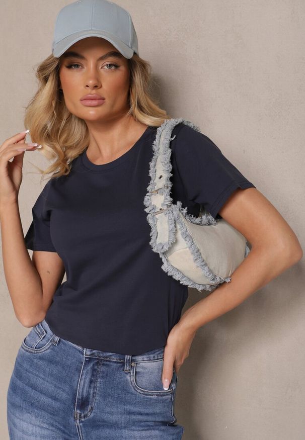 Renee - Granatowy Casualowy Bawełniany T-shirt Rivali. Okazja: na co dzień. Kolor: niebieski. Materiał: bawełna. Styl: casual