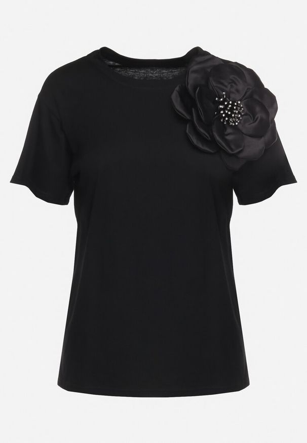 Born2be - Czarny Bawełniany T-shirt z Krótkim Rękawem i Aplikacją w Kształcie Kwiatu z Cyrkoniami Dimantee. Okazja: na co dzień. Kolor: czarny. Materiał: bawełna. Długość rękawa: krótki rękaw. Długość: krótkie. Wzór: aplikacja, kwiaty. Styl: casual, klasyczny