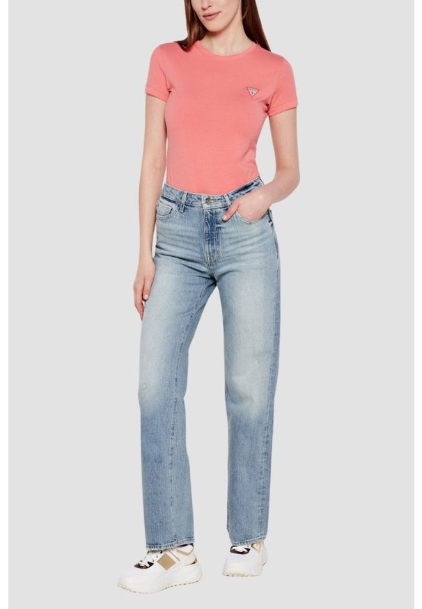 Guess - GUESS Różowy damski t-shirt Mini, Rozmiar M. Kolor: różowy