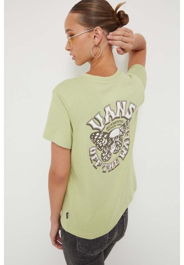 Vans t-shirt bawełniany kolor zielony. Kolor: zielony. Materiał: bawełna. Długość rękawa: krótki rękaw. Długość: krótkie. Wzór: nadruk