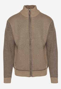 Born2be - Ciemnobeżowy Kardigan w Jodełkę na Suwak z Polarową Wyściółką Iwedara. Okazja: na co dzień. Kolor: beżowy. Materiał: polar. Wzór: jodełka. Styl: casual, sportowy #1