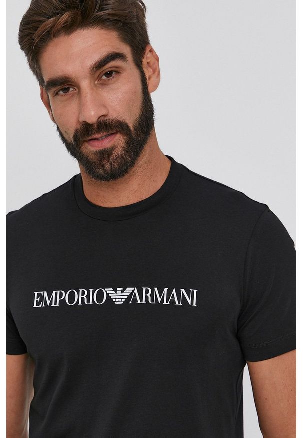 Emporio Armani - T-shirt bawełniany. Okazja: na co dzień. Kolor: czarny. Materiał: bawełna. Wzór: nadruk. Styl: casual
