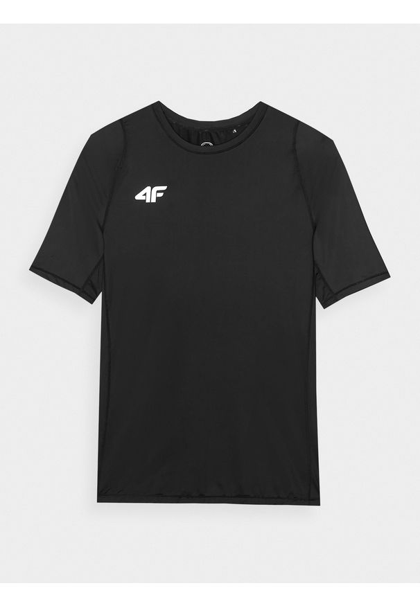 4f - Koszulka treningowa szybkoschnąca męska - czarna. Kolor: czarny. Materiał: syntetyk, elastan, materiał, włókno, dzianina. Długość rękawa: krótki rękaw. Długość: krótkie. Wzór: ze splotem, jednolity, gładki. Sport: fitness