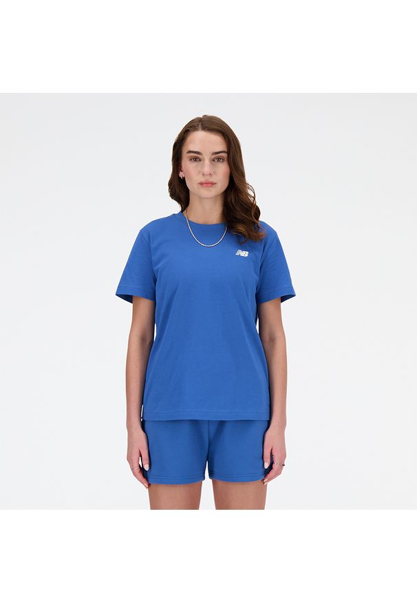 Koszulka damska New Balance WT41509BEU – niebieska. Kolor: niebieski. Materiał: bawełna. Długość rękawa: krótki rękaw. Długość: krótkie