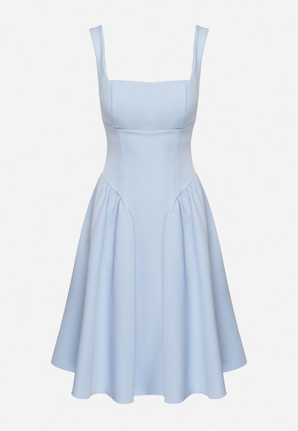 Born2be - Niebieska Sukienka Rozkloszowana z Ozdobną Kokardą na Plecach Sonarisea. Typ kołnierza: kokarda. Kolor: niebieski. Typ sukienki: rozkloszowane. Styl: klasyczny