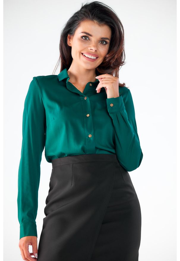 Awama - Elegancka Koszula o Klasycznym Kroju - Zielona. Kolor: zielony. Materiał: elastan, wiskoza. Styl: klasyczny, elegancki