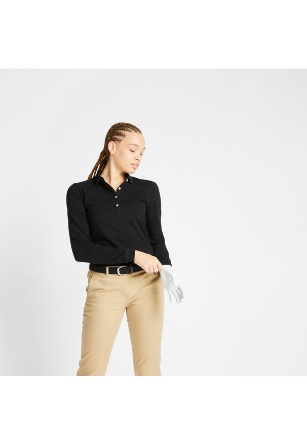 INESIS - Koszulka polo do golfa z długim rękawem damska MW500. Typ kołnierza: polo, golf. Kolor: czarny. Materiał: materiał, bawełna, elastan. Długość rękawa: długi rękaw. Długość: długie