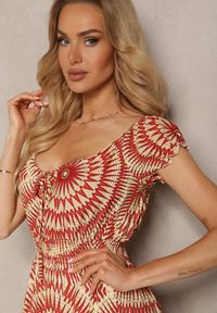 Renee - Beżowo-Czerwona Rozkloszowana Sukienka z Wiskozy z Gumką w Pasie i Wiązaniem przy Dekolcie Xicia. Kolor: beżowy. Materiał: wiskoza. Sezon: lato #5