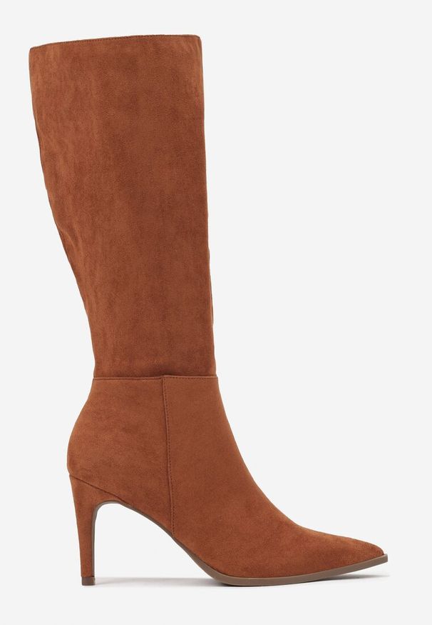 Renee - Brązowe Casualowe Kozaki Vices na Szpilce Tamirith. Okazja: na co dzień. Kolor: brązowy. Materiał: dzianina, jeans. Sezon: zima, jesień. Obcas: na szpilce. Styl: casual. Wysokość obcasa: średni