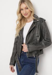 Born2be - Szara Kurtka Ramoneska z Ozdobnym Paskiem na Dole i Asymetrycznym Suwakiem Etoisa. Okazja: na co dzień. Kolor: szary. Materiał: jeans. Długość rękawa: krótki rękaw. Długość: krótkie. Styl: casual, elegancki #1