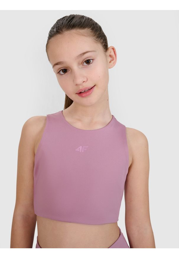 4f - 4F Crop top sportowy szybkoschnący dziewczęcy 4F JUNIOR x Anna Lewandowska - różowy 146/152 (10-12 lat). Kolor: różowy. Materiał: dzianina, włókno, syntetyk, materiał, elastan. Wzór: gładki, ze splotem, jednolity. Sezon: lato. Styl: sportowy