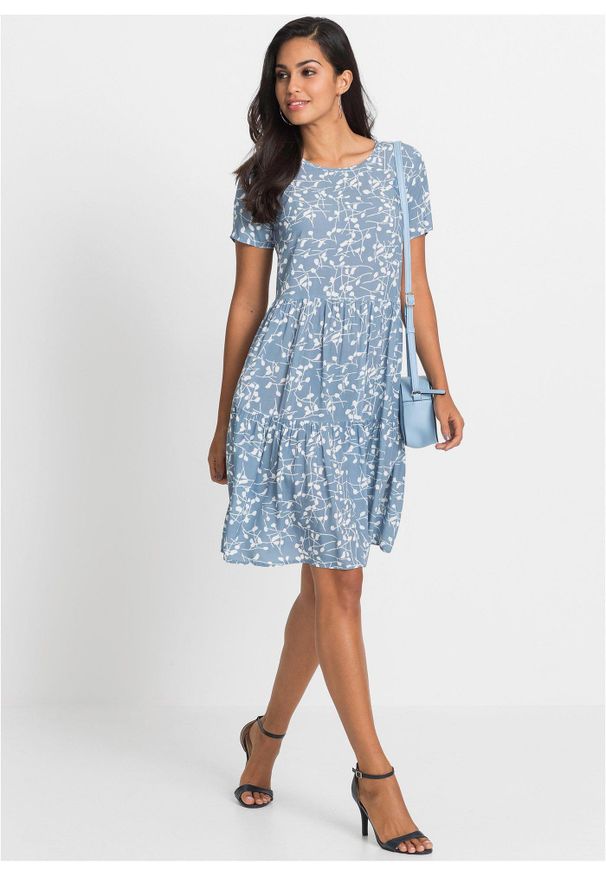 bonprix - Sukienka mini z lejącej wiskozy. Kolor: niebieski. Materiał: wiskoza. Wzór: nadruk, aplikacja. Sezon: lato. Długość: mini