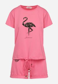 Born2be - Ciemnoróżowy Bawełniany Komplet na Lato T-shirt i Szorty z Nadrukiem Emorals. Kolor: różowy. Materiał: bawełna. Wzór: nadruk #5