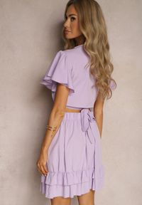 Renee - Fioletowy Komplet 2-Częściowy Krótki Top z Wiązaniem Spódnica z Falbankami i Gumką w Pasie Clementis. Kolor: fioletowy. Materiał: materiał #5