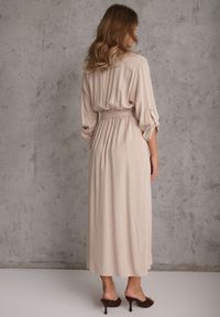 Renee - Beżowa Koszulowa Sukienka z Bawełny z Wiązanym Paskiem i Podpinanymi Rękawami Cesela. Okazja: na co dzień. Kolor: beżowy. Materiał: bawełna. Typ sukienki: koszulowe. Styl: boho, casual #6