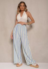 Renee - Niebiesko-Żółte Bawełniane Muślinowe Spodnie Szerokie High Waist w Paski Mavirise. Okazja: na co dzień, na spacer. Stan: podwyższony. Kolor: niebieski. Materiał: bawełna. Wzór: paski. Styl: boho, casual #4