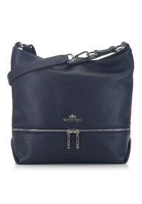 Wittchen - Torebka worek skórzana z ozdobnym suwakiem. Kolor: niebieski. Wzór: haft, aplikacja. Dodatki: z haftem. Materiał: skórzane. Styl: elegancki, biznesowy. Rodzaj torebki: na ramię #1