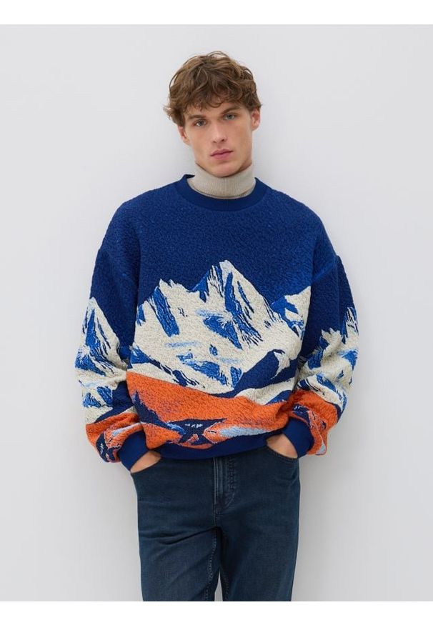 Reserved - Bluza z nadrukiem - granatowy. Kolor: niebieski. Materiał: wiskoza, dzianina. Wzór: nadruk