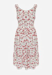 Renee - Biało-Czerwona Rozkloszowana Sukienka na Ramiączkach w Kwiatowy Print Xallio. Okazja: na plażę, na spacer. Typ kołnierza: dekolt kwadratowy. Kolor: biały. Materiał: jeans. Długość rękawa: na ramiączkach. Wzór: kwiaty, nadruk. Sezon: lato #4