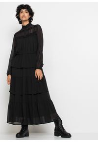 bonprix - Długa sukienka szyfonowa z falbanami. Kolor: czarny. Materiał: szyfon. Długość: maxi #1