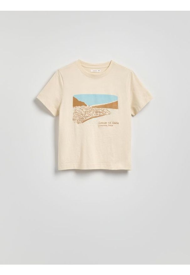 Reserved - Bawełniany T-shirt z haftem - beżowy. Kolor: beżowy. Materiał: bawełna. Wzór: haft