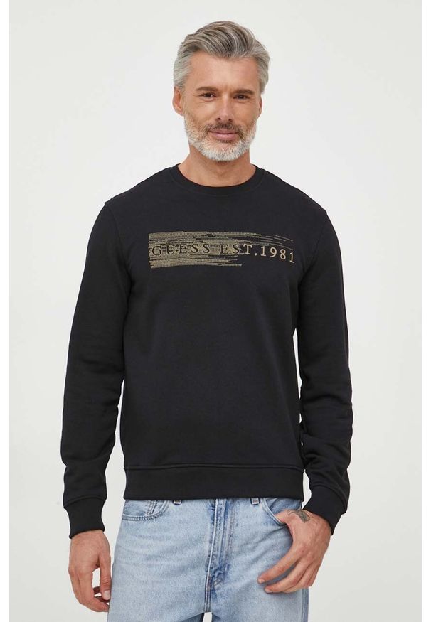 Guess bluza męska kolor czarny z aplikacją. Kolor: czarny. Wzór: aplikacja. Styl: klasyczny